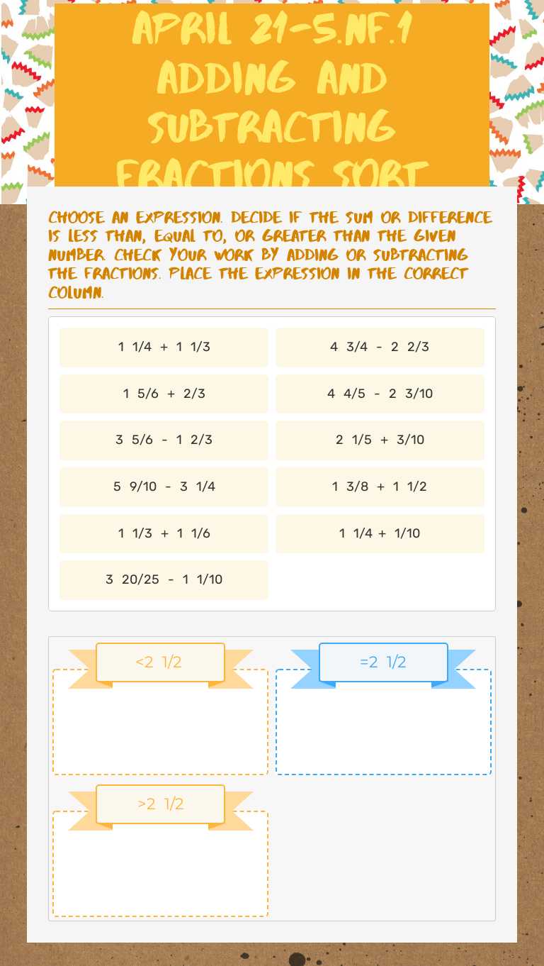 April 21-5.NF.1 Adding and Subtracting Fractions Sort Grade 5 worksheet preview