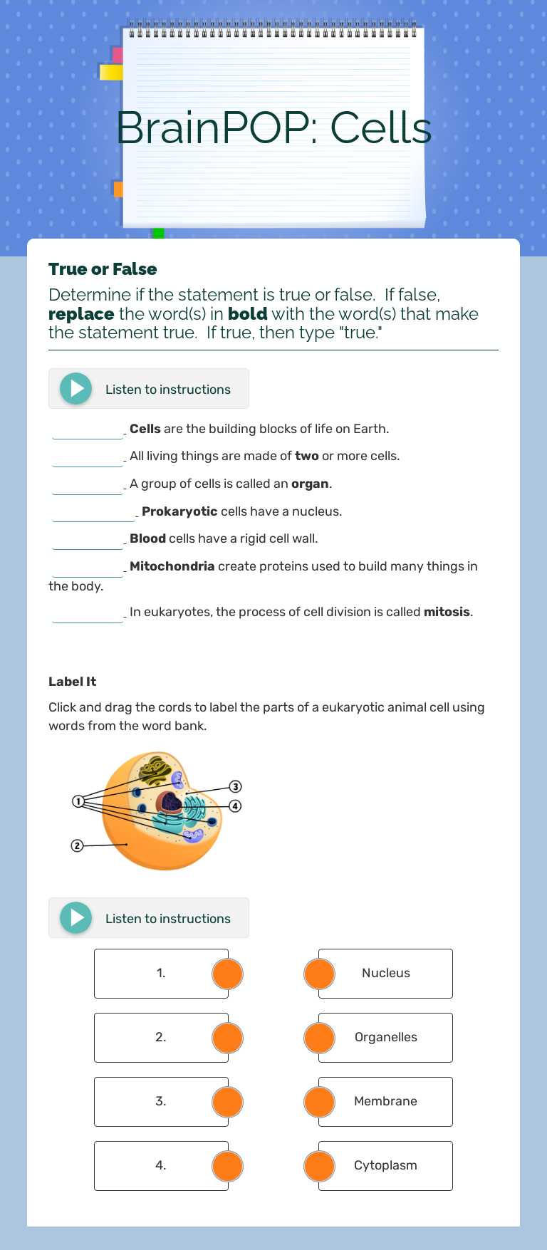 BrainPOP: Cells Grade 6 worksheet preview