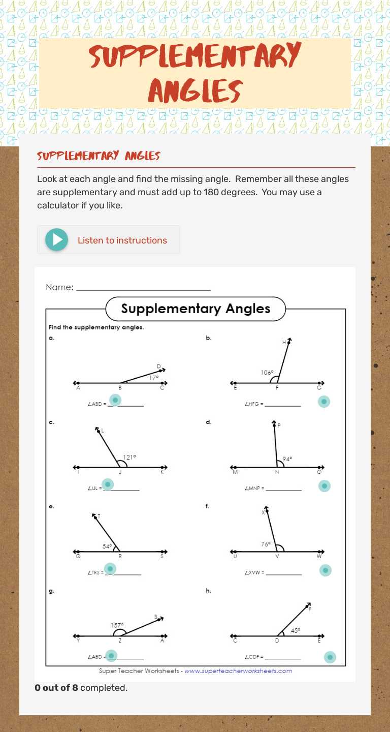 Supplementary Angles worksheet preview image