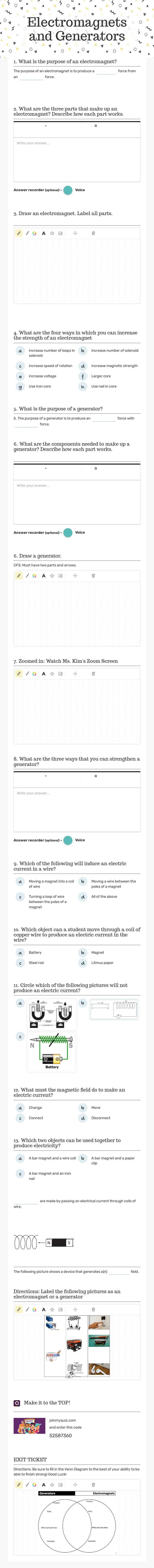 Electromagnets and Generators worksheet preview image