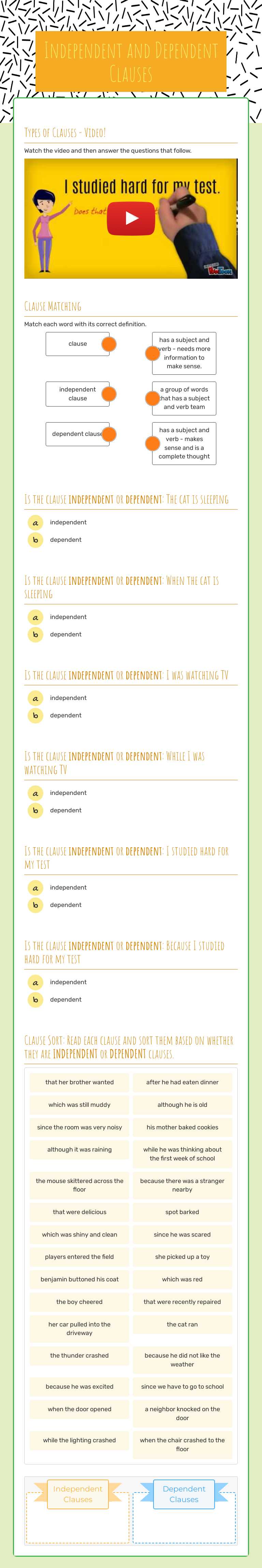 Independent and Dependent Clauses Grade 7 worksheet preview