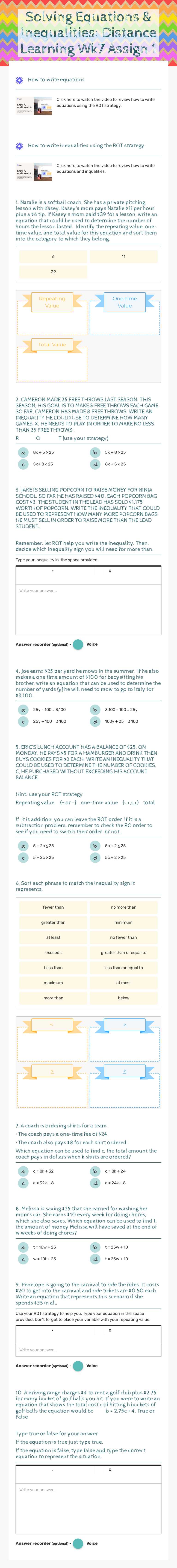 Solving Equations & Inequalities: Distance Learning Wk7 Assign 1 Grade 7 worksheet preview