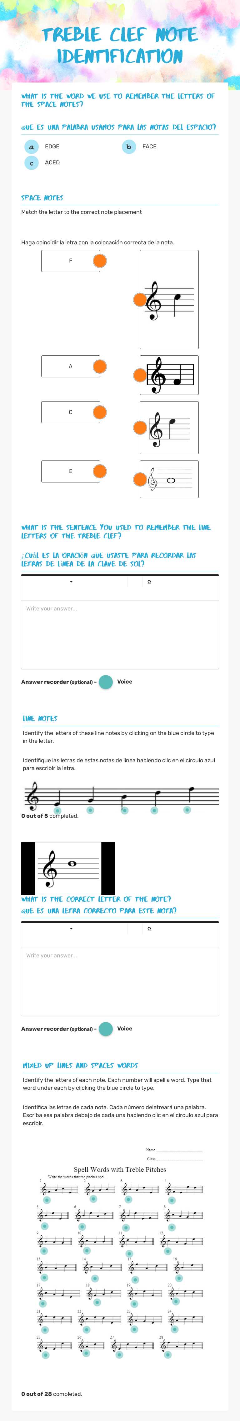 Treble clef note identification Grade 10 worksheet preview