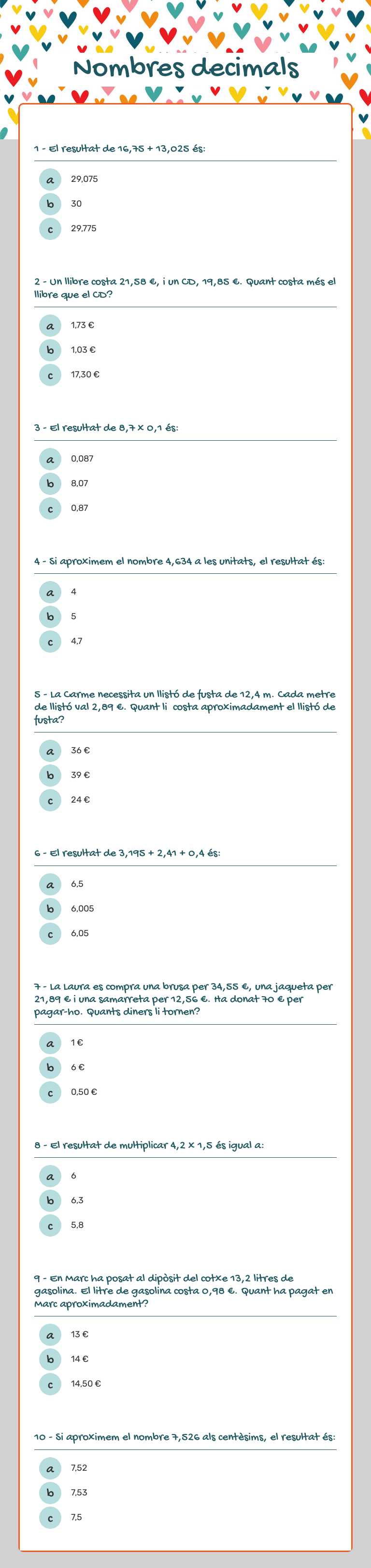 Nombres decimals worksheet preview image