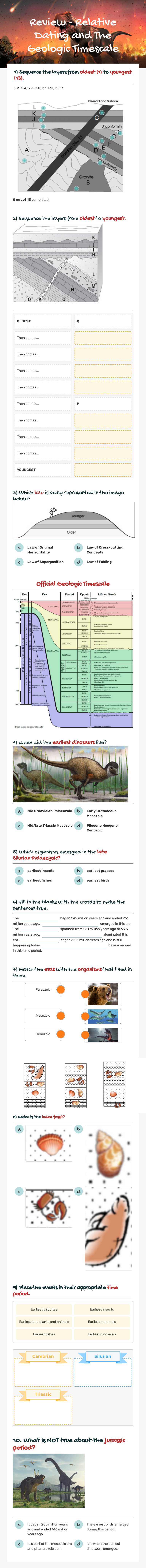Review -             
              Relative Dating                         
                        and                                            
  The Geologic Timescale worksheet preview image