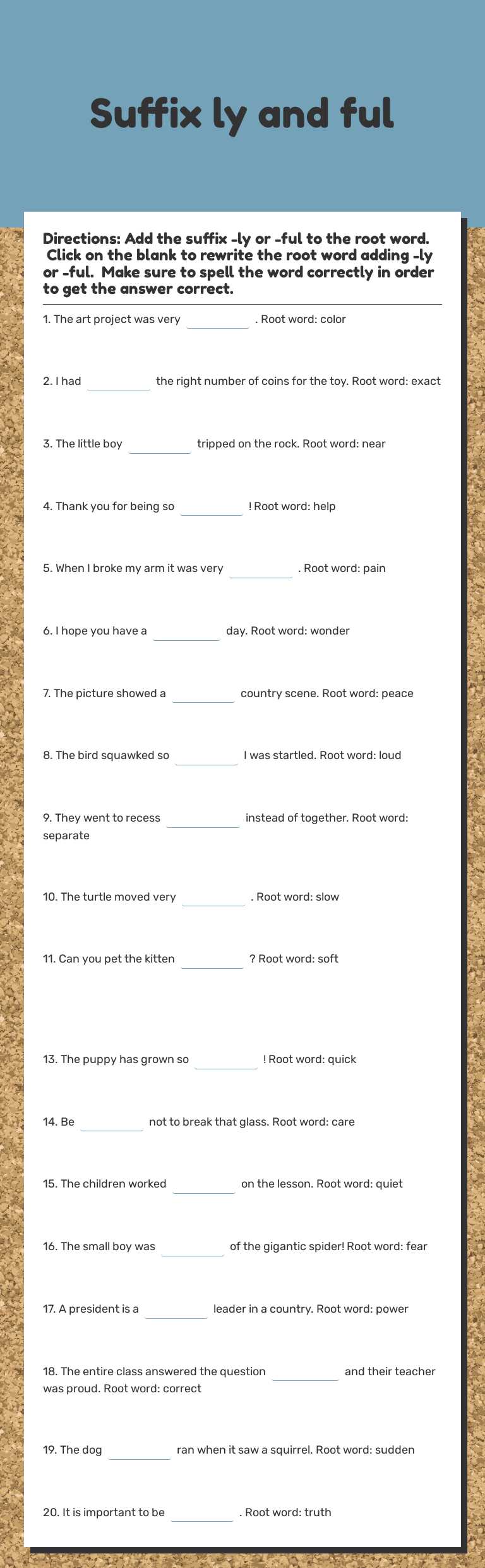 Suffix ly and ful worksheet preview image