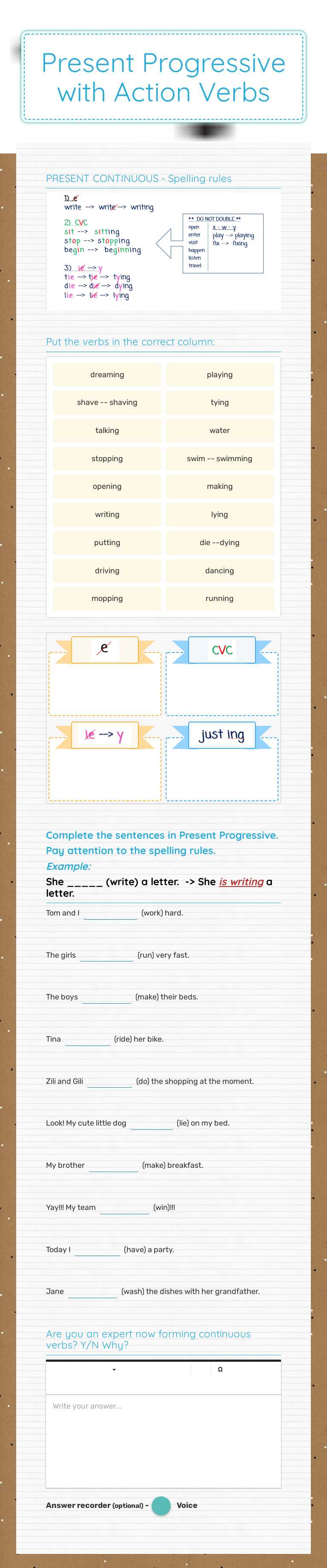 Present Progressive with Action Verbs worksheet preview image