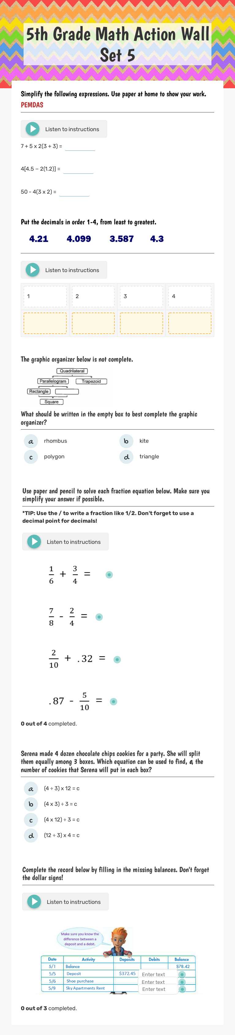 5th Grade Math Action Wall Set 5 Grade 5 worksheet preview