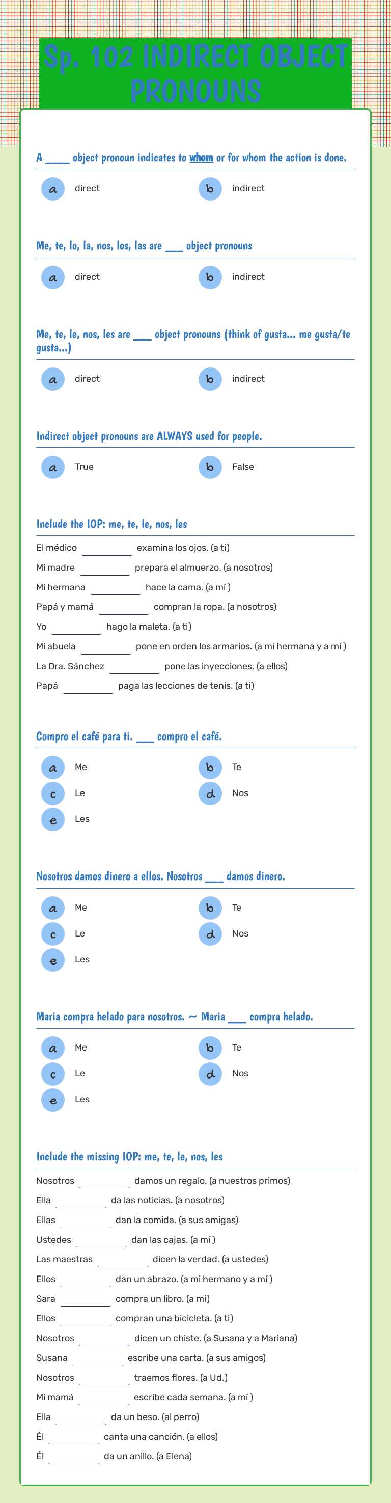 Sp. 102 INDIRECT OBJECT PRONOUNS Grade 10 worksheet preview