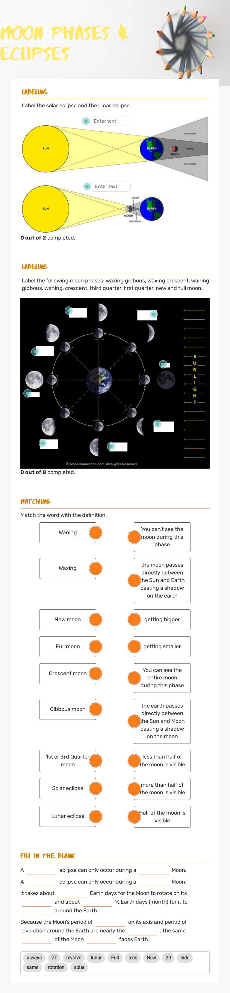 Moon Phases        & Eclipses worksheet preview image