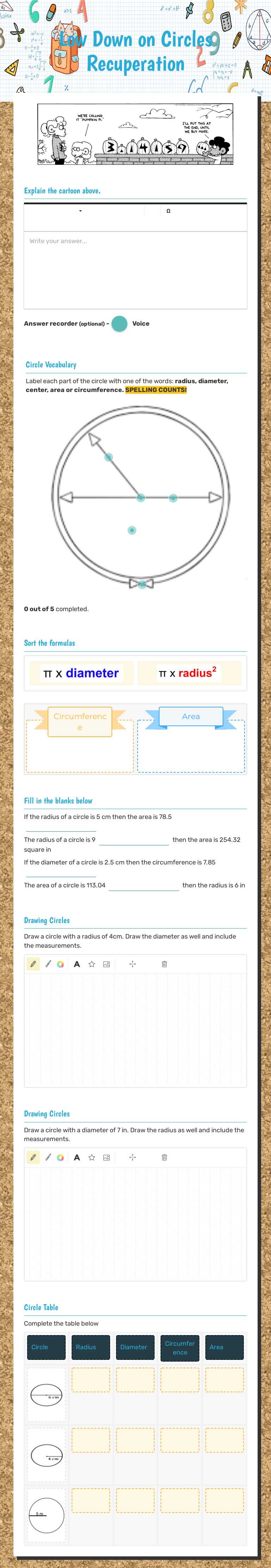 Low Down on Circles Recuperation worksheet preview image