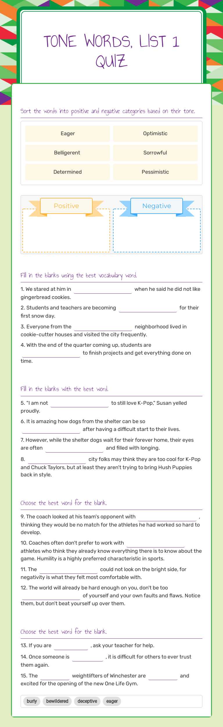 Tone Words, List 1 Quiz worksheet preview image