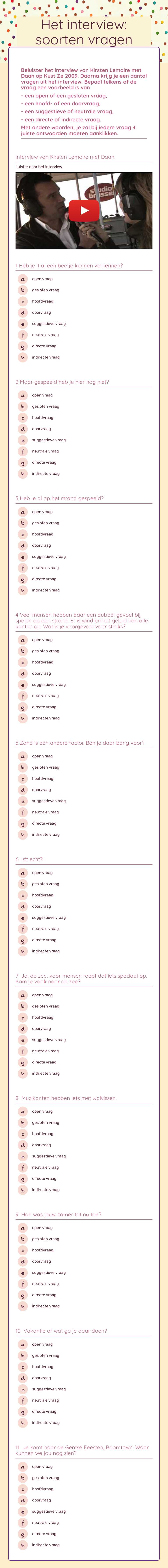 Het interview: soorten vragen Grade 11 worksheet preview