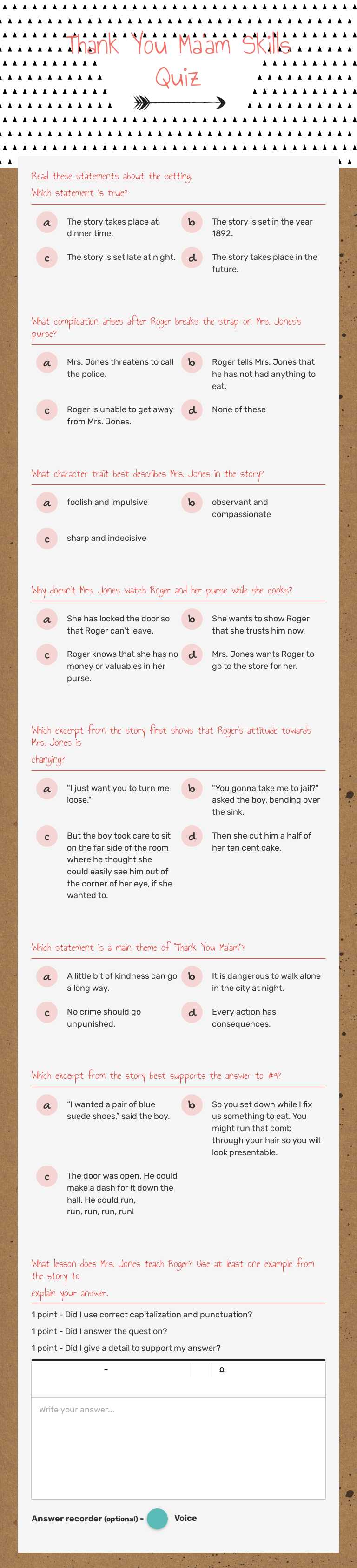 Thank You Ma'am Skills Quiz worksheet preview image