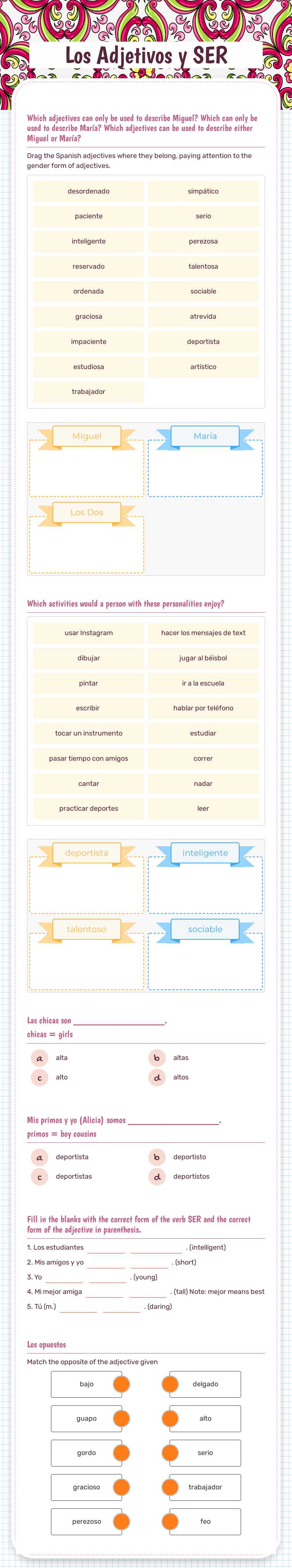 Los Adjetivos y SER Grade 9 worksheet preview
