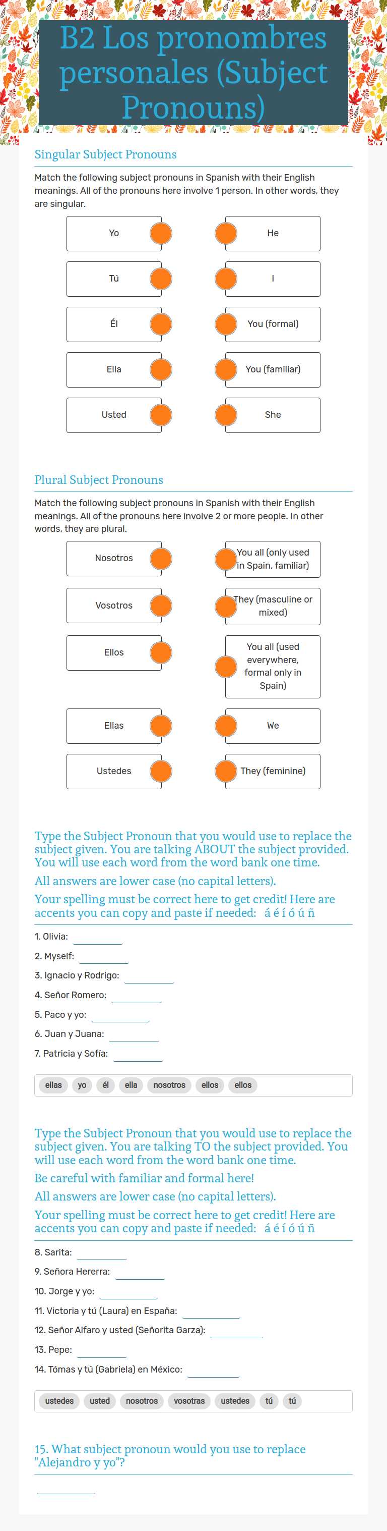 B2 Los pronombres personales (Subject Pronouns) worksheet preview image