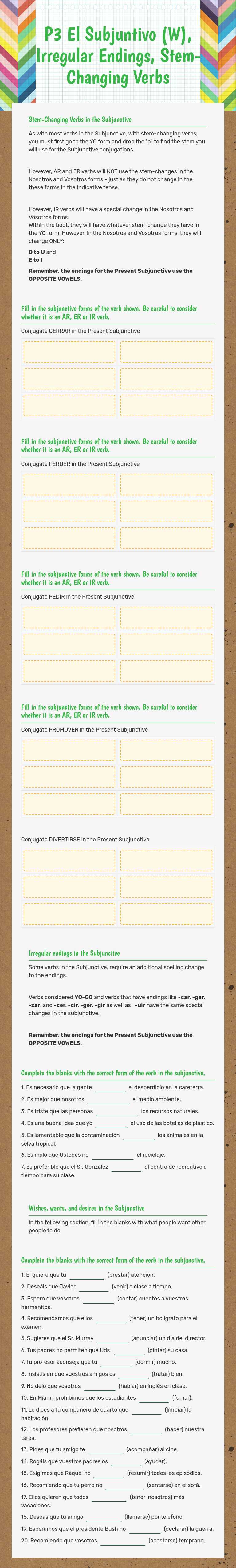 P7 El Subjuntivo (W), Irregular Endings, Stem-Changing Verbs worksheet preview image