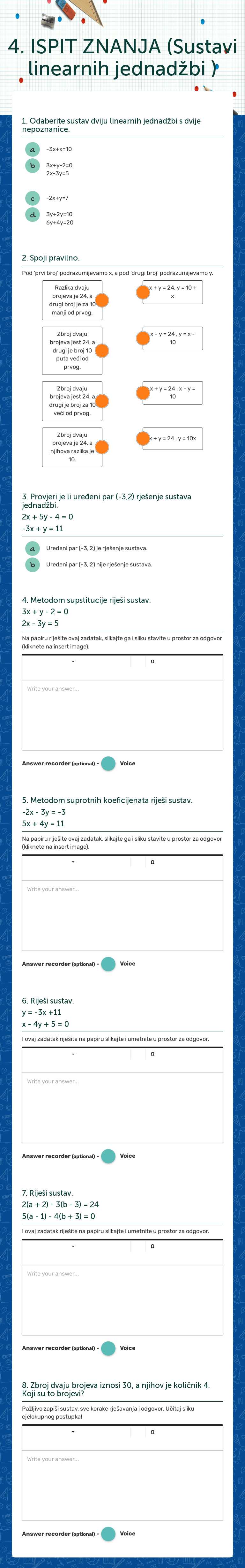 4. ISPIT ZNANJA (Sustavi linearnih jednadžbi ) worksheet preview image