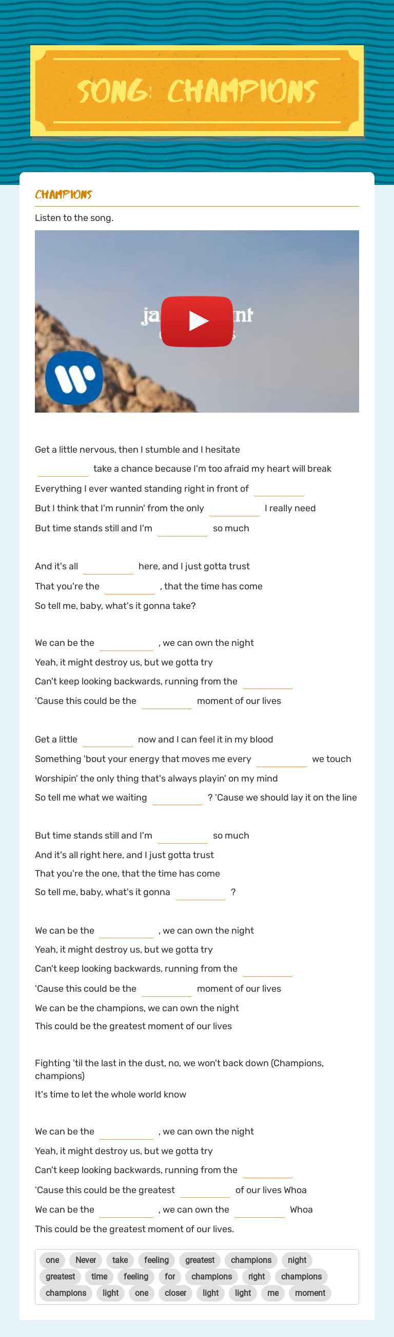 SONG: Champions worksheet preview image