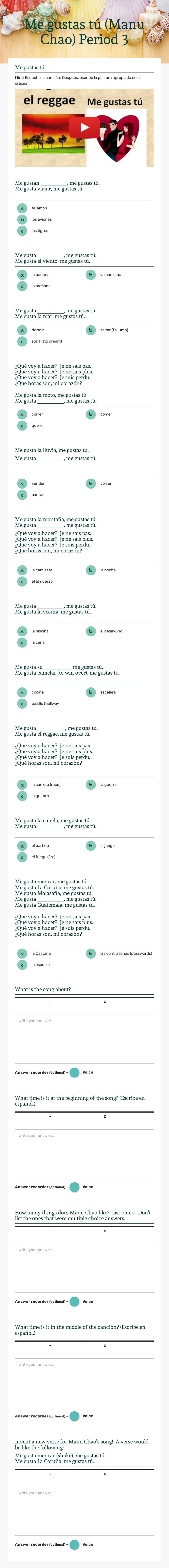 Me gustas tú           (Manu Chao)          Period 3 worksheet preview image