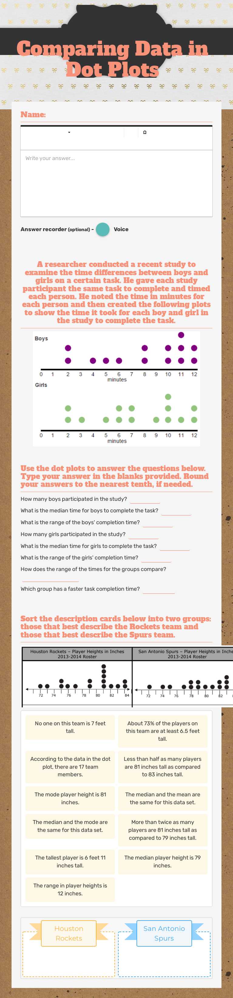 Comparing Data in Dot Plots worksheet preview image