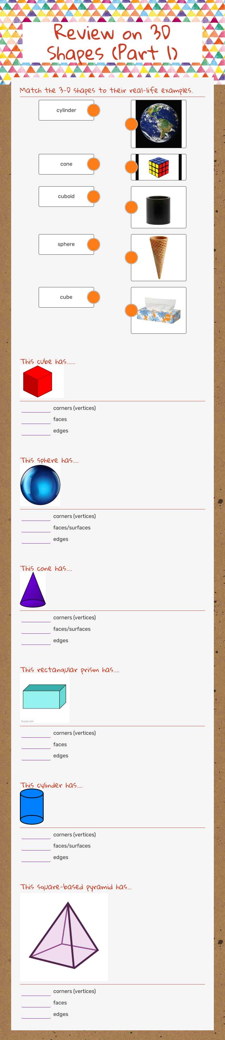 Review on 3D Shapes (Part 1) Grade 2 worksheet preview