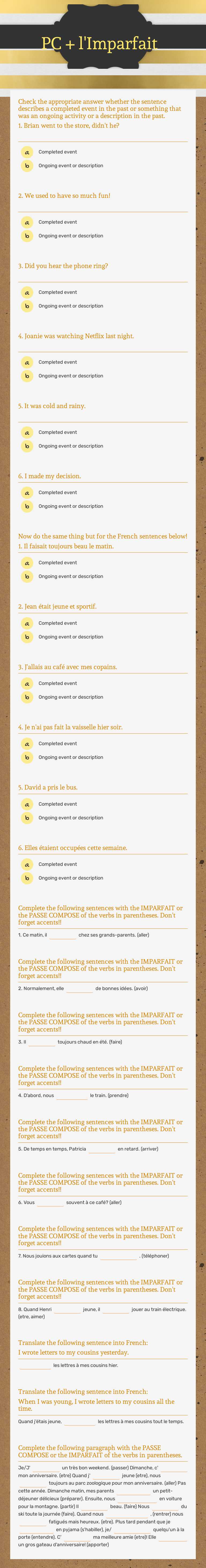 PC + l'Imparfait worksheet preview image