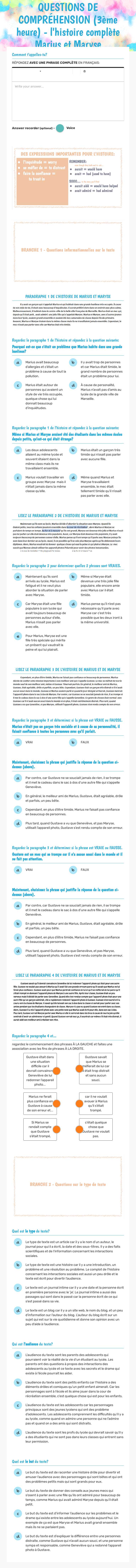 QUESTIONS DE COMPRÉHENSION        (3ème heure) -        l'histoire complète Marius et Maryse worksheet preview image