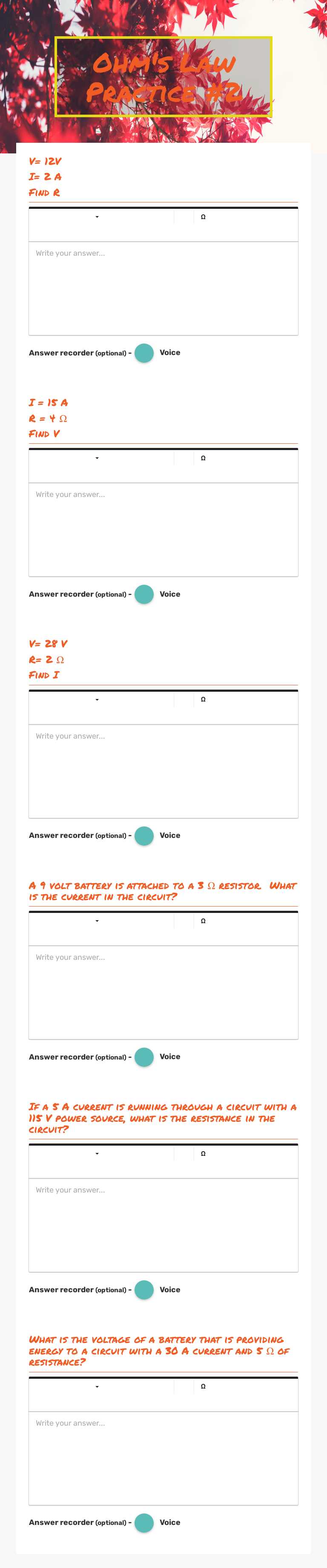 Ohm's Law Practice #2 Grade 9 worksheet preview