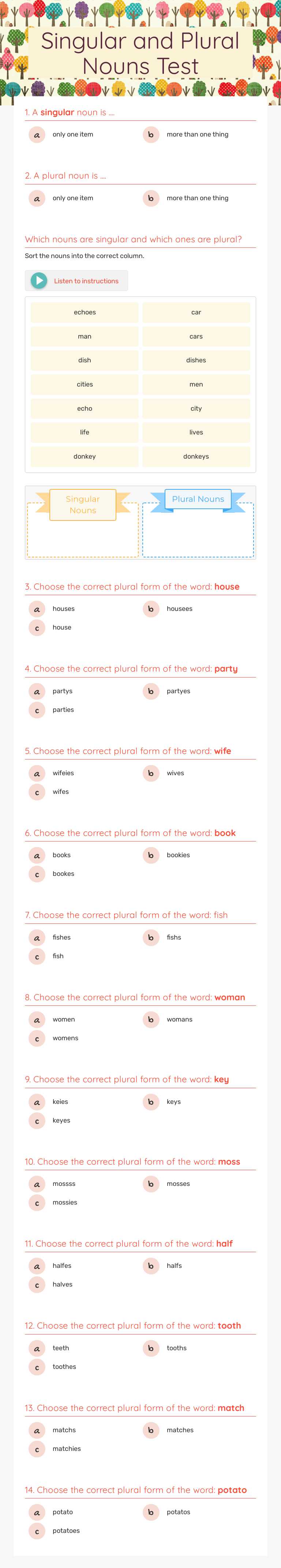 Singular and Plural Nouns Test worksheet preview image