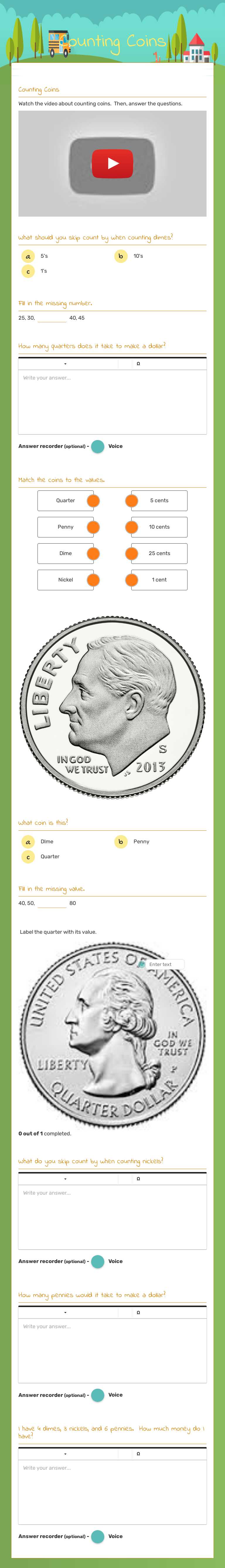 Counting Coins Grade 1 worksheet preview