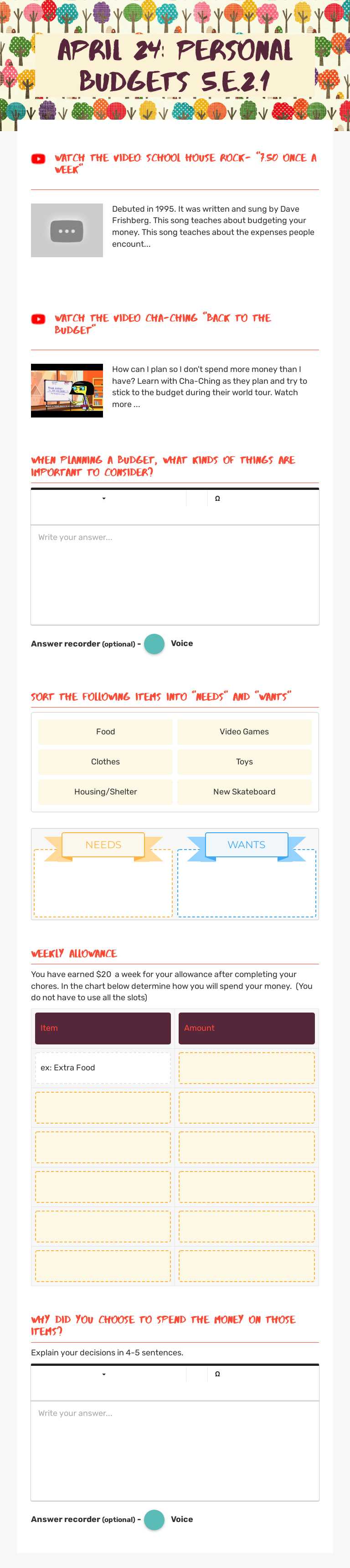 April 24: Personal Budgets 5.E.2.1 worksheet preview image
