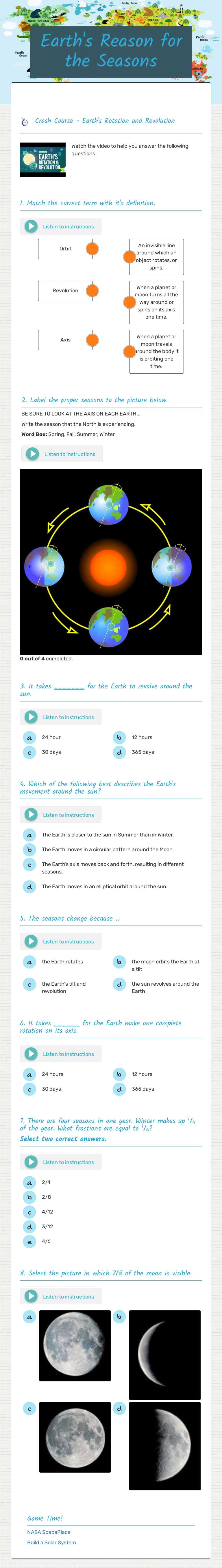 Earth's Reason for the Seasons worksheet preview image