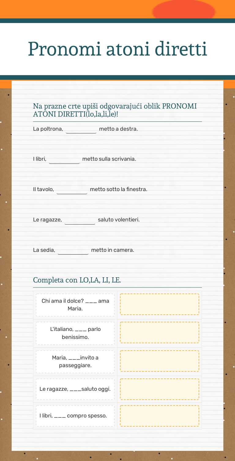 Pronomi atoni diretti worksheet preview image
