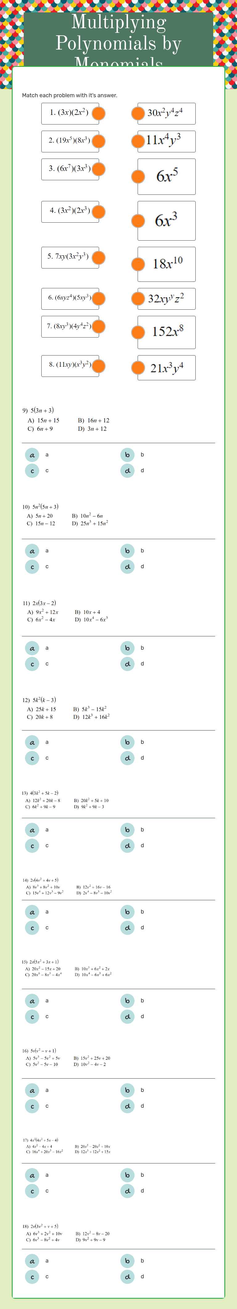 Multiplying Polynomials by Monomials worksheet preview image