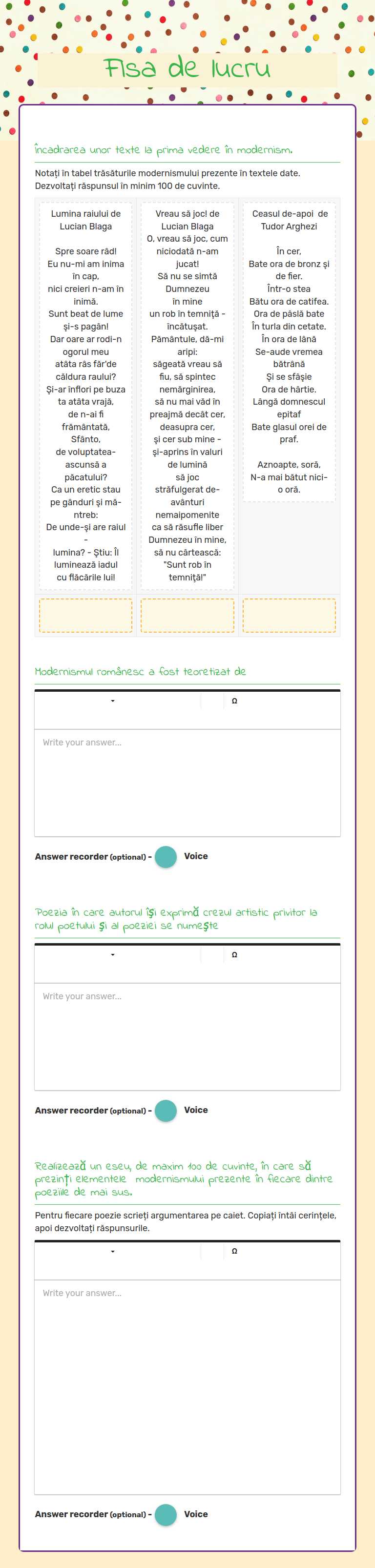 FIsa de lucru worksheet preview image
