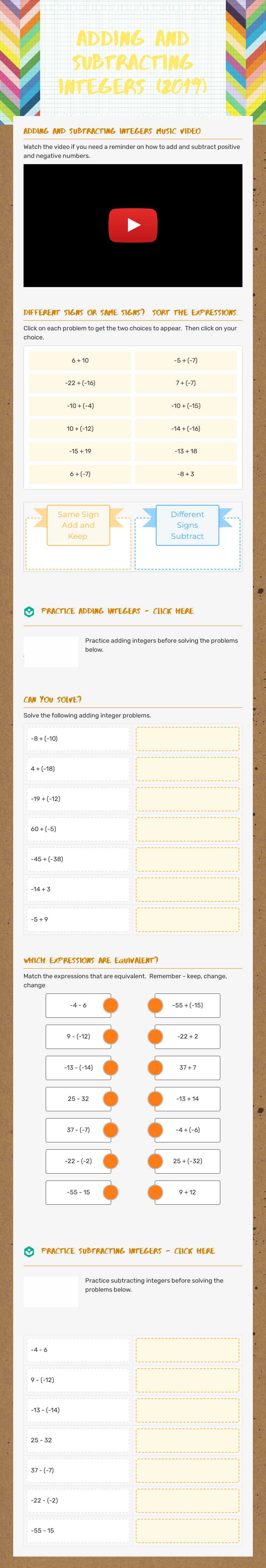 Adding and subtracting integers (2019) worksheet preview image