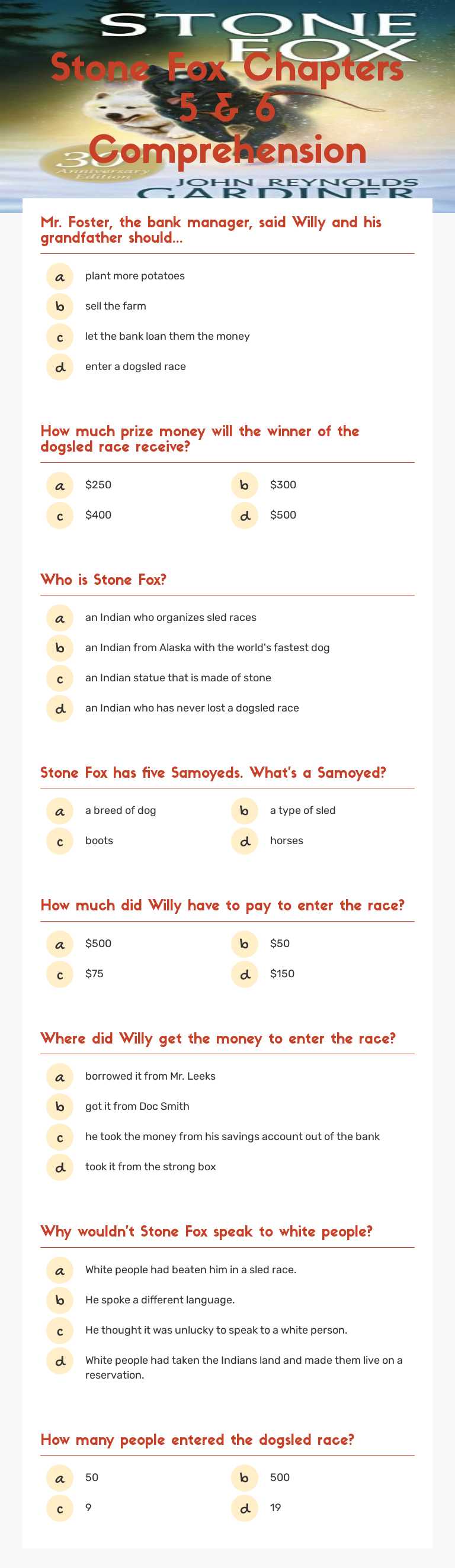 Stone Fox Chapters 5 & 6 Comprehension worksheet preview image