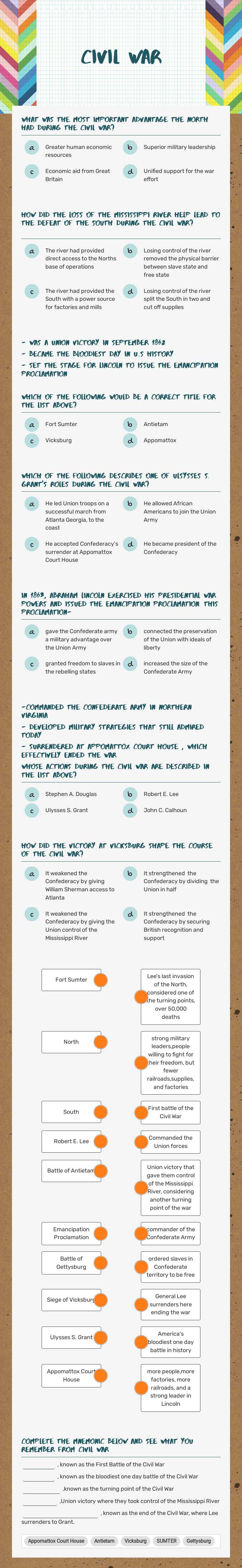 Civil War worksheet preview image