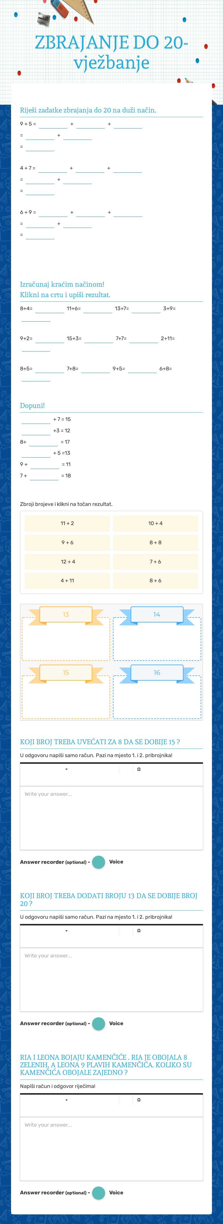 ZBRAJANJE DO 20-vježbanje worksheet preview image