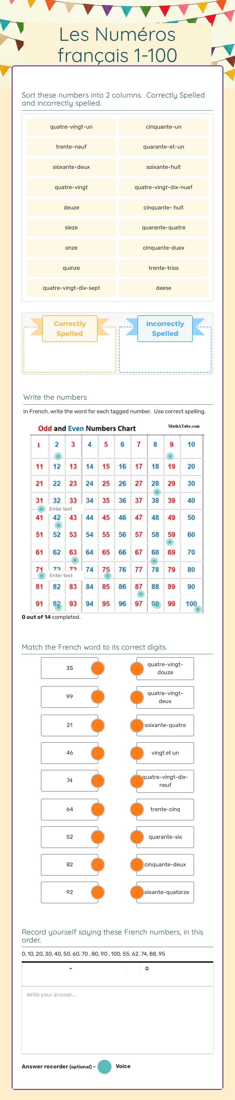Les Numéros français 1-100 worksheet preview image