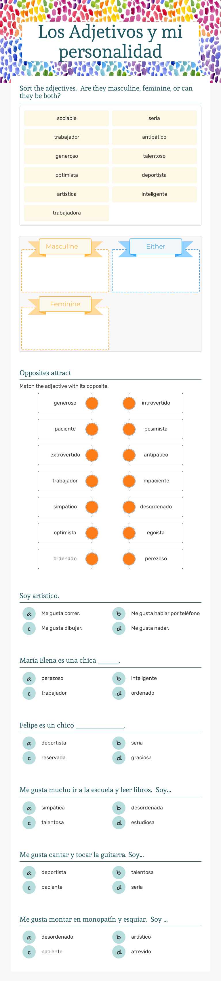Los Adjetivos y mi personalidad worksheet preview image