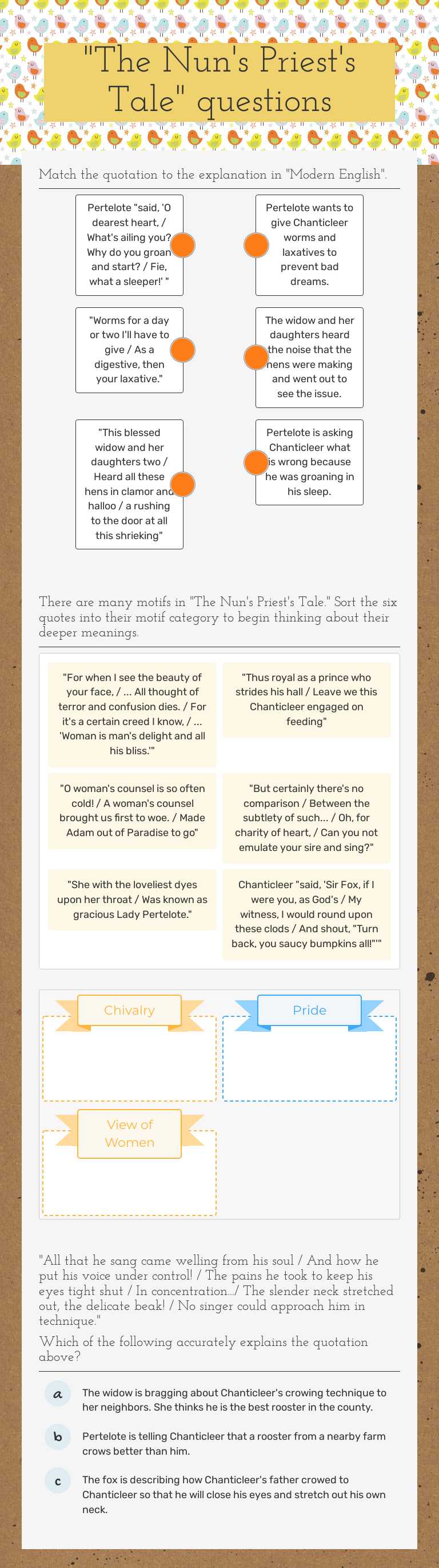 "The Nun's Priest's Tale" questions worksheet preview image