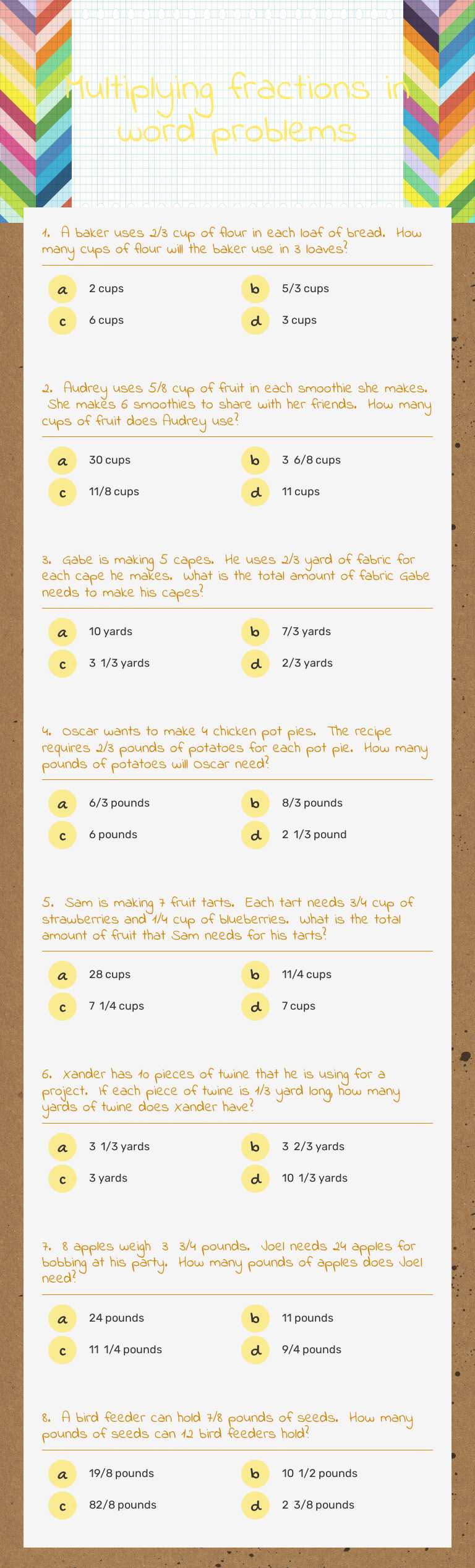Multiplying fractions in word problems worksheet preview image