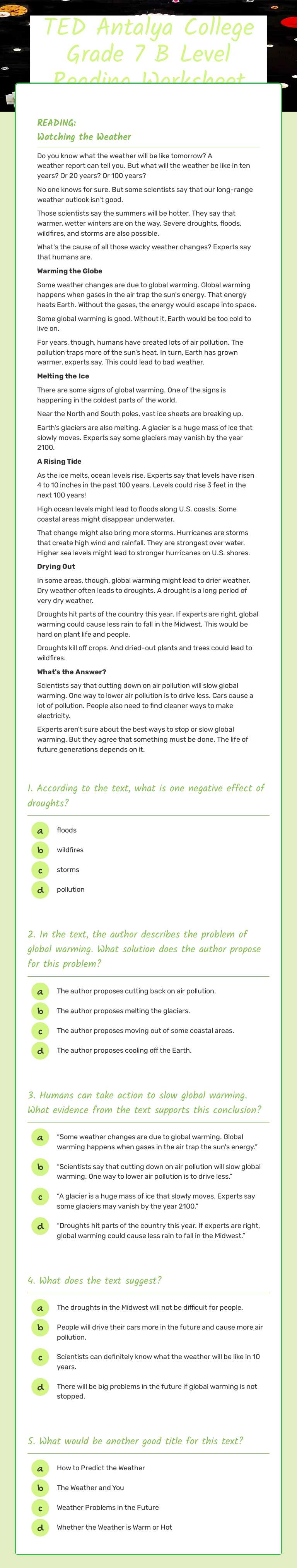 TED Antalya College Grade 7 B Level Reading Worksheet worksheet preview image
