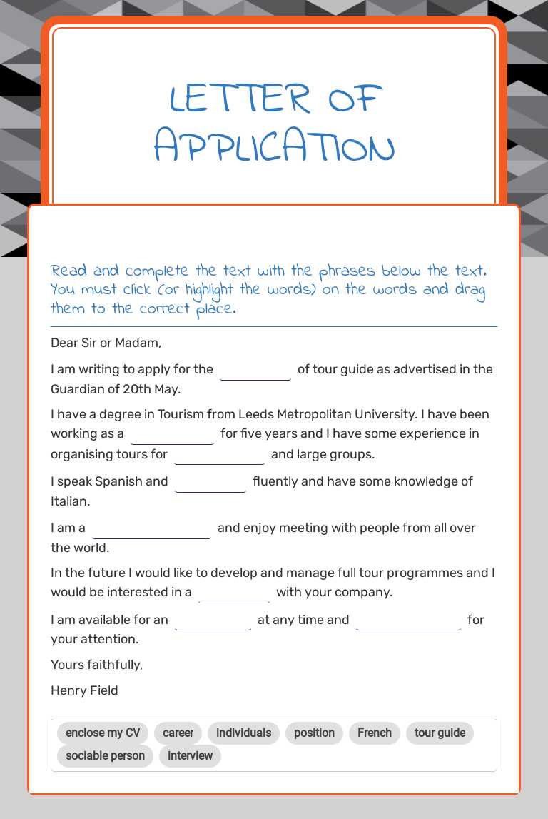 Letter of application worksheet preview