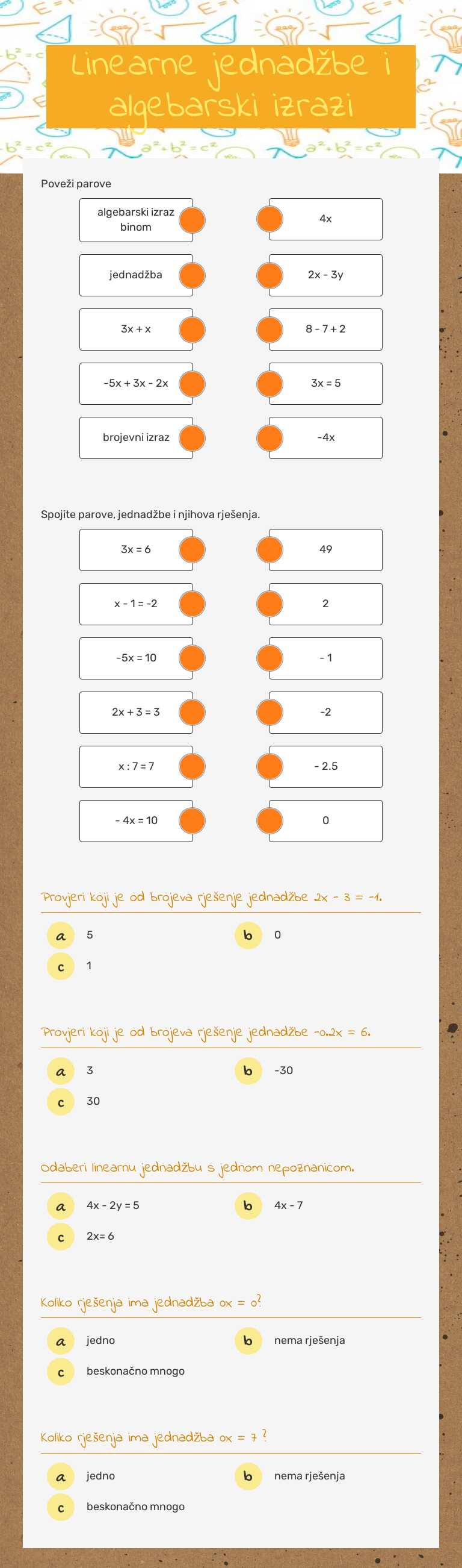 Linearne jednadžbe i algebarski izrazi worksheet preview image