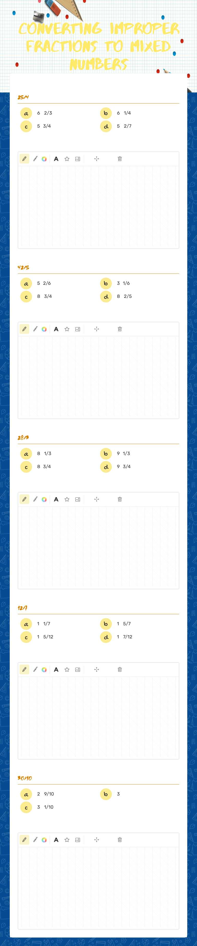 Converting Improper Fractions to Mixed Numbers Grade 6 worksheet preview