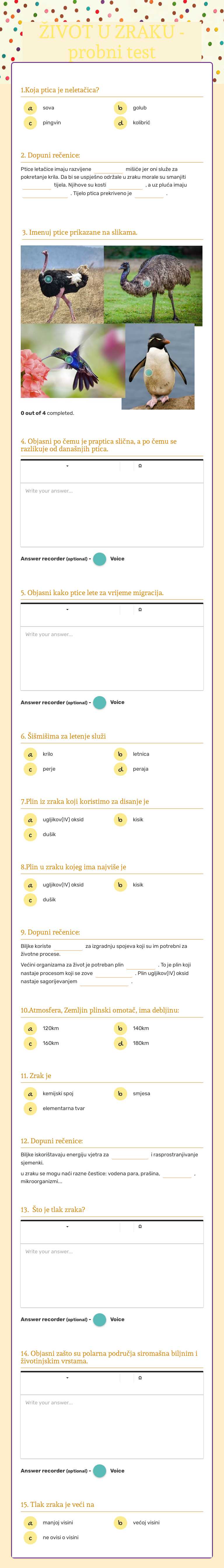 ŽIVOT U ZRAKU - probni test Grade 5 worksheet preview