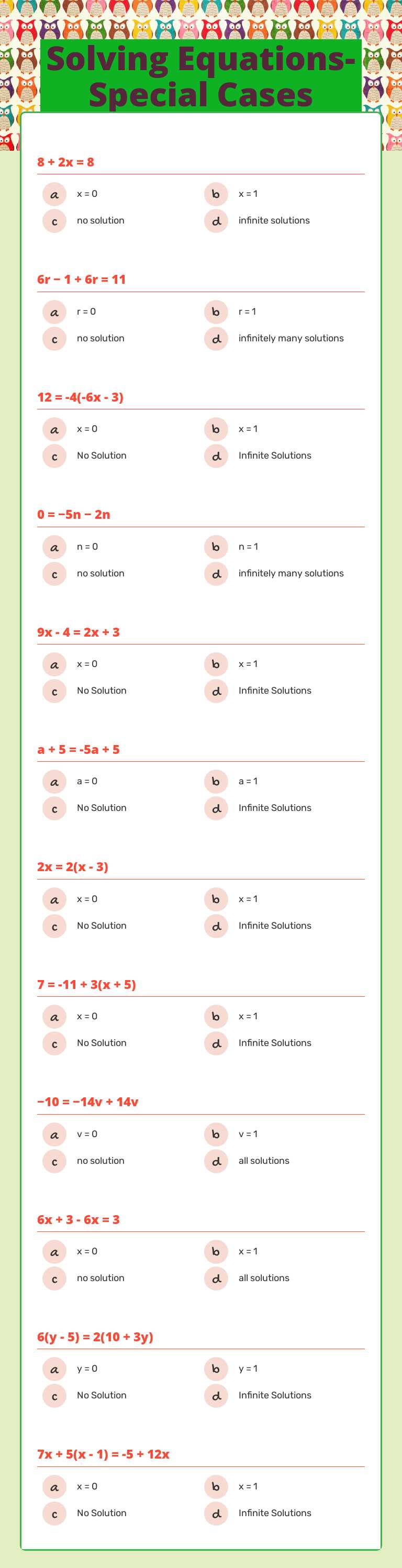 Solving Equations- Special Cases worksheet preview image